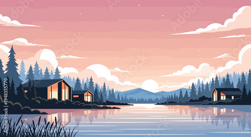 Serene lakeside cabins nestled among pine trees at sunset with pastel skies