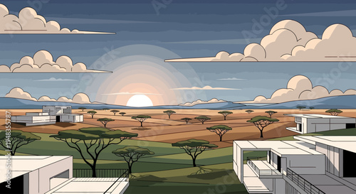 Savannah landscape with modern architecture and a sunset sky