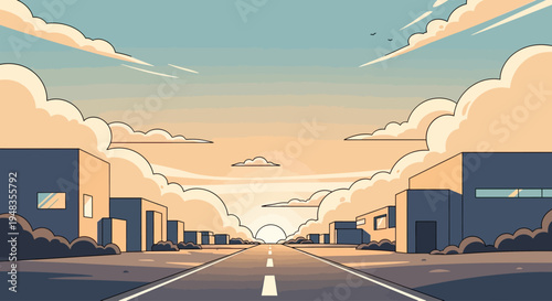 Wide asphalt road receding into a warm sunset, flanked by abstract buildings and clouds