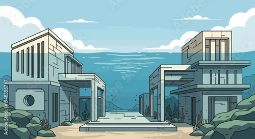 Surreal underwater architecture with modern structures and distant ocean horizon