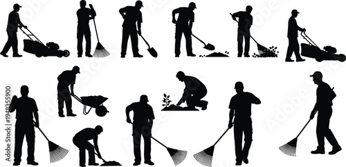 Gardener and landscaping worker silhouette collection performing lawn mowing, raking leaves, digging soil and planting plants isolated vector set for gardening and yard maintenance