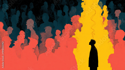 Wallpaper Mural Solitary Figure Crowd Silhouette Individuality Conformity Loneliness Concept Art Illustration Yellow Red Dark Torontodigital.ca