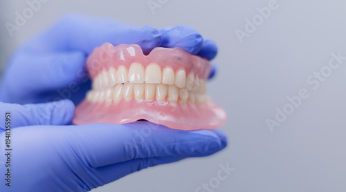 Принти на полотні Close-up of gloved hands holding dental dentures against plain background