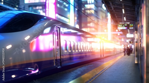 Side View of High-Speed Bullet Train Stopped at a Modern Urban Station