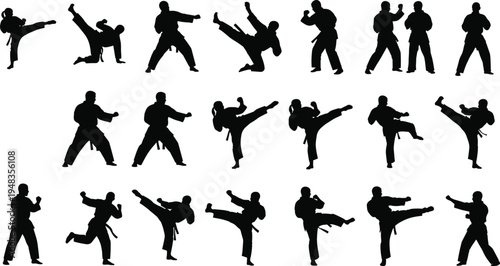 Black silhouettes set of professional martial arts athletes performing karate kicks punches and combat stances isolated on white background for sports and training concepts