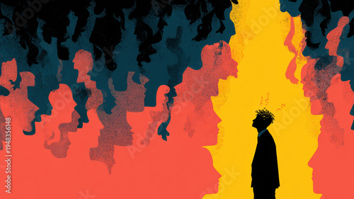 Wallpaper Mural Solitary Figure Crowd Silhouette Individuality Conformity Loneliness Concept Art Illustration Yellow Red Dark Torontodigital.ca