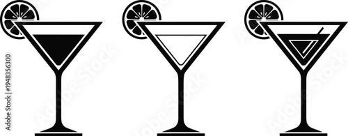 Martini cocktail glass silhouette set with lemon garnish, elegant bar drink icons collection, minimalist black vector illustration for cocktail menu, bar design, nightlife themes