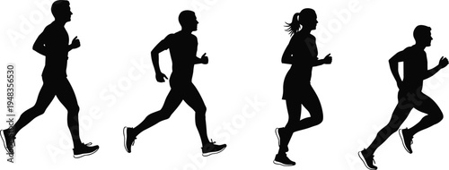 Running people silhouettes set with male and female joggers in motion isolated on light background vector illustration for fitness sport design