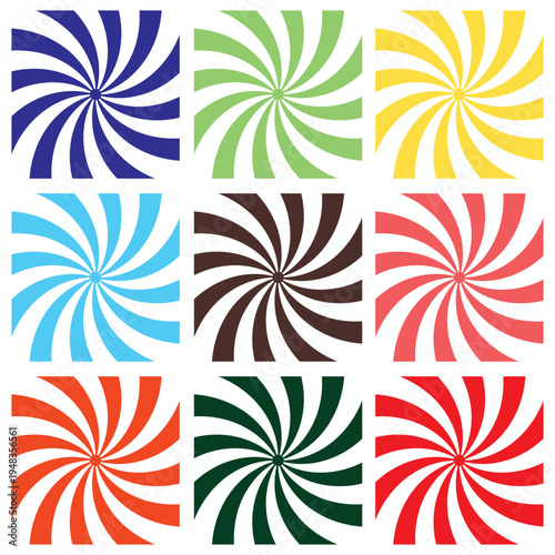 Colorful spiral shapes in various hues arranged in a grid pattern