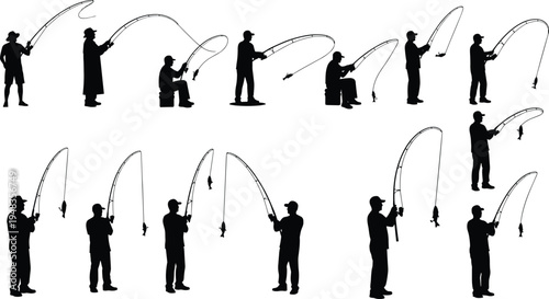 Collection of black fishing silhouettes featuring fishermen standing and sitting with rods catching fish isolated on white background for outdoor hobby design elements