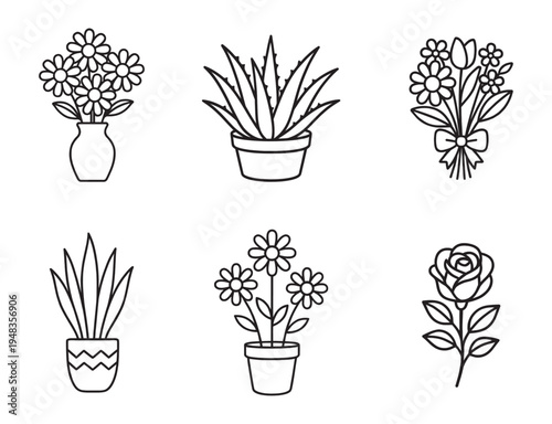 Set of Simple Line Art Flower and Houseplant Icons for Graphic Design Projects