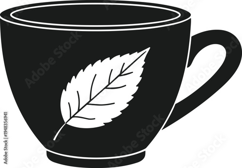 Black herbal tea cup silhouette icon with white leaf detail isolated on white background for organic cafe branding, tea house logo, and wellness.