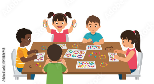Five diverse children are happily engaged in making colorful beaded bracelets around a brown table.