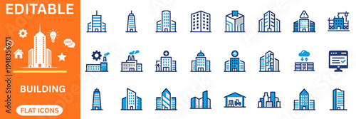 Modern building and architecture flat icons collection. Skyscraper, office tower, factory, hospital, apartment, warehouse, city landmark