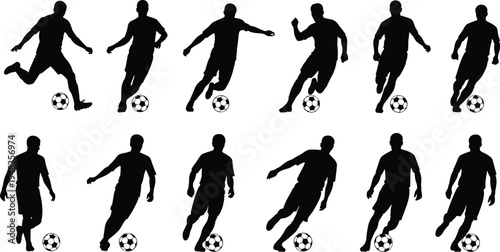 Collection of professional soccer player silhouettes in various action poses including dribbling and kicking ball isolated on white background for sports graphic design