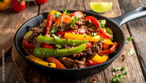 Beef & bell pepper stir-fry in a cast iron skillet, garnished with parsley and lime on wood