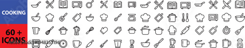 Cooking web icons in line style. Frying pan, fork, knife, recipe book, microwave, collection. Outline icon in linear style