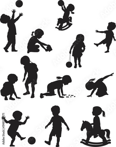 Black Silhouettes of Toddlers and Children Playing with Toys Kicking Balls and Riding Rocking Horses Isolated on White Background for Vector Graphic Design Projects