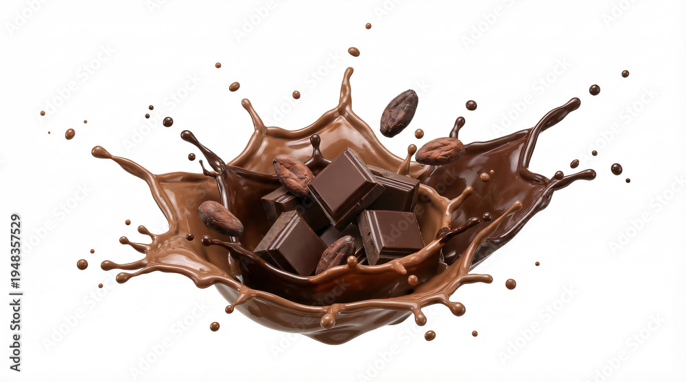 Fototapeta premium Dark Chocolate Squares and Cocoa Beans with Splash on White