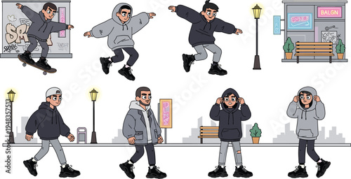 Urban Streetwear Illustration Set with Skateboarding, Hoodies, and Casual Fashion in a City Environment