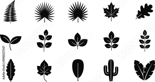 Collection of various leaf and plant silhouettes