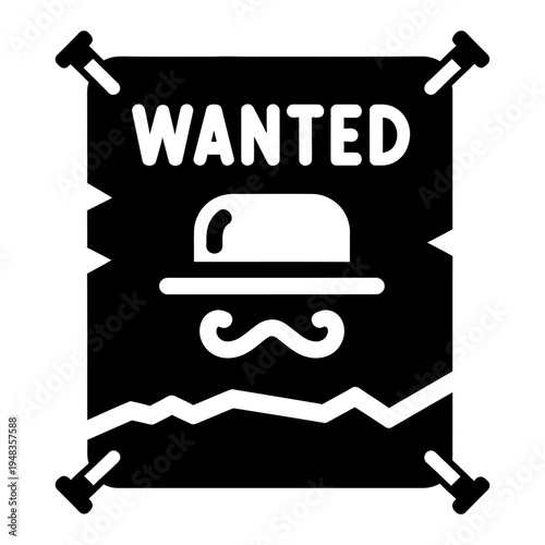Minimalist black and white wanted poster icon with a stylized hat and mustache, ideal for crime, justice, recruitment, and mystery-themed graphic design projects.
