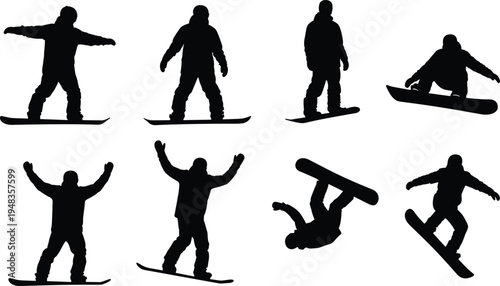 Set of black silhouettes of snowboarders performing jumps and tricks isolated on white background for winter extreme sports mountain resort lifestyle vector design