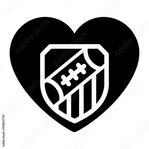 Minimalist black heart icon with an American football shield emblem for sports fans, team spirit, and athletic passion.