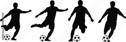 Set of black silhouettes of soccer players kicking and dribbling balls isolated on white background for professional football sports tournament branding vector design