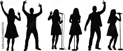 Set of black silhouettes of singers and performers with microphones singing and dancing isolated on white background for music concert event vector design