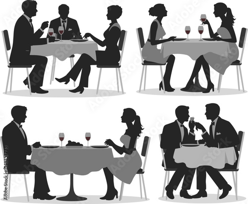 Elegant Silhouettes of Diverse Couples and Friends Enjoying Fine Dining and Wine at a Luxury Restaurant for Romantic Dates and Social Celebrations