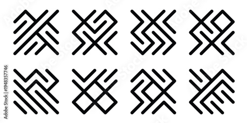 Set of 8 geometric abstract symbols, black lines on white background, tribal or ethnic motifs, Design Elements, Line Art, Graphic Resources