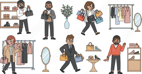 Fashion Shopping Illustration Set with People Holding Bags, Clothing Racks, Shoes, and Accessories in Stylish OutfitsFashion Shopping 