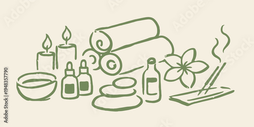 Spa set with candles and towels outline sketch vector illustration