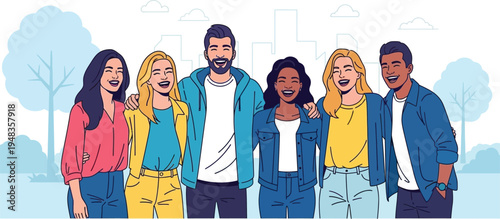 Diverse group of six happy young adults stands together smiling outdoors.