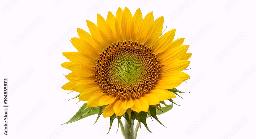 Fototapeta premium A beautiful single sunflower with bright yellow petals and a textured green and brown center, isolated on a pure white background.