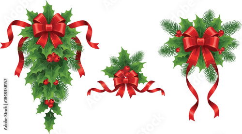 Vector Set of Christmas Holly Berries and Pine Branches with Red Silk Bow Ornaments Isolated on White Background for Holiday Greeting Cards and Decorations