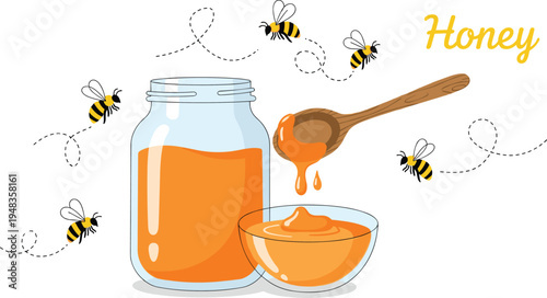 Organic honey glass jar and bowl with wooden spoon dripping syrup surrounded by flying bees vector illustration for healthy food branding and packaging.