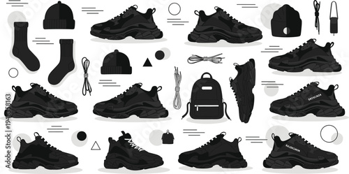 Minimalist Sneaker and Urban Accessories Set with Black Footwear, Beanies, Socks, and Backpacks in Monochrome Style