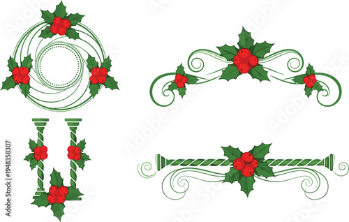 Vector Set of Christmas Holly Berry Ornaments with Green Swirls and Decorative Floral Frames Isolated on White Background for Holiday Greeting Cards and Seasonal Branding
