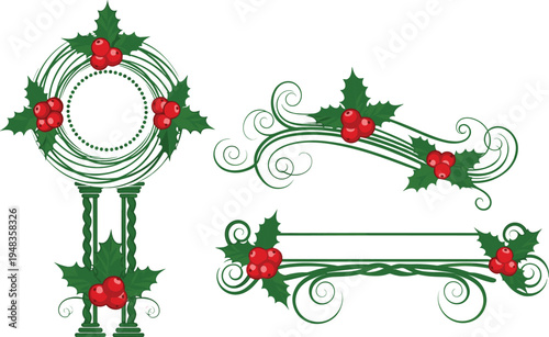 Vector Set of Christmas Holly Berry Ornaments with Green Swirls and Decorative Floral Frames Isolated on White Background for Holiday Greeting Cards and Seasonal Branding