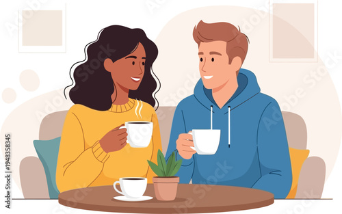 Diverse friends enjoy coffee together while sitting at a small table.