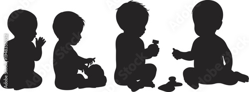 Set of Black Silhouettes Featuring Toddlers and Babies Sitting and Playing with Toys on White Background for Early Childhood Development and Nursery Design