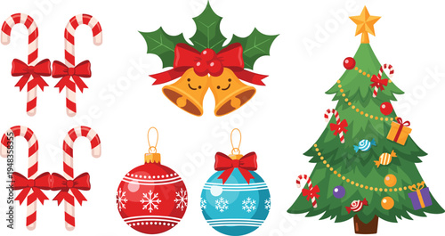Vector Set of Christmas Tree Candy Canes Baubles and Festive Bells with Holly Berries Isolated on White Background for Holiday Greeting Cards and Branding