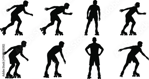 Set of black silhouettes of young men in various poses rollerblading and inline skating isolated on white background for sports graphic design projects