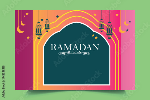 Ramadan Kareem. Eid Mubarak. Islamic festival poster design with mosque. 