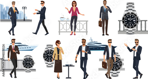 Stylish Characters in Suits with Luxury Watches and Sunglasses in Urban and Yacht Settings for Fashionable Illustrations