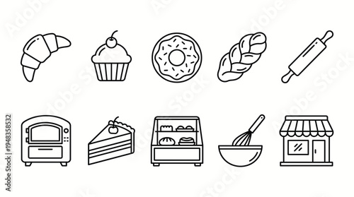 This set of outline icons depicts various isolated bakery food items, baking equipment, and a store on a transparent PNG cutout