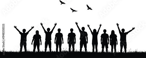 Silhouette of a group of people celebrating with raised arms