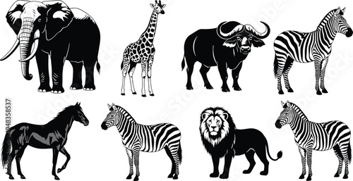 Black and White Vector Illustrations of African Safari Wildlife Animals Including Elephant Giraffe Buffalo Zebra Horse and Lion Isolated on a White Background